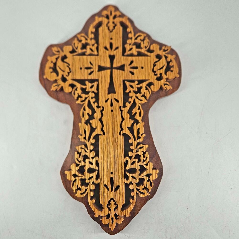 Laser cut Wooden Cross wall hanging crucifix signed Hand made